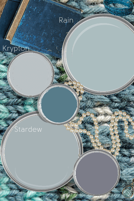 Paint can lids with paint on them arranged on a sweater background with blue books, pearls, and a blue bracelet. Labelled colors from top to bottom are Rain, Krypton, and Stardew. 