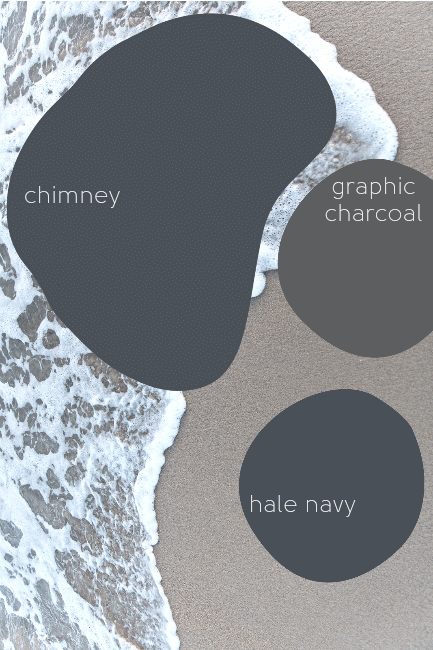 Chimney, hale navy, and graphic charcoal paint swatches over a background of a wave rolling on a sandy beach.