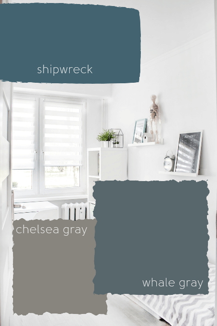 A white bedroom with paint swatches over top of Shipwreck, whale gray, and chelsea gray.