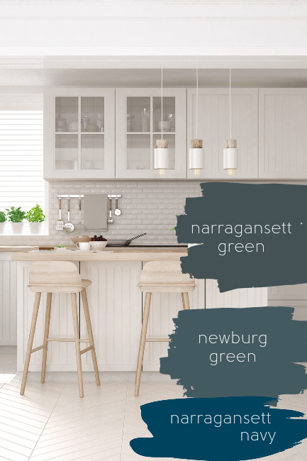 A bright white kitchen with swatches of narragansett green, newburg green, and narragansett navy.