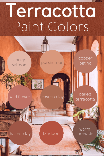 Graphic reads "Terracotta Paint Colors" with 9 terracotta paint swatches over a background of a beautiful terracotta colored room with arched doors and windows. From top left to bottom right: Smoky salmon, persimmon, copper patina, wild flower, cavern clay, baked terracotta, baked clay, tandoori, warm brownie.