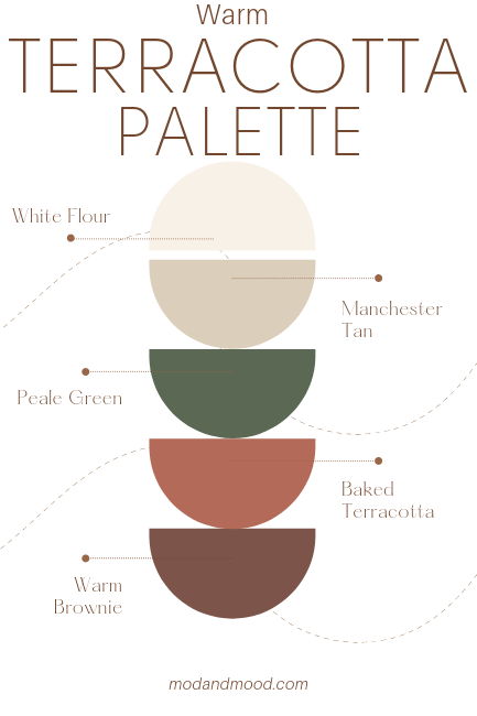 Warm Terracotta Palette - Colors from top to bottom: White Flour, Manchester Tan, Peale Green, Baked Terracotta, and Warm Brownie.