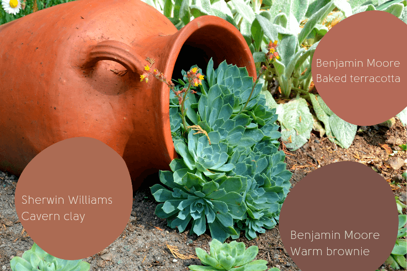 A clay jug is tipped over in a garden with succulents growing out of it. Color samples over the picture are Benjamin Moore Baked Terracotta, Sherwin WIlliams Cavern Clay, and Benjamin Moore Warm Brownie.