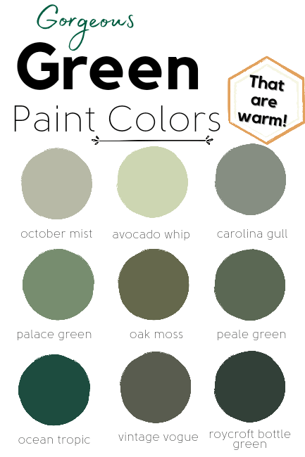 Graphic of 9 paint dots, reads Gorgeous green paint colors that are warm. Paint colors from top left to bottom right are: October mist, avocado whip, carolina gull, palace green, oak moss, peale green, ocean tropic, vintage vogue, roycroft bottle green.