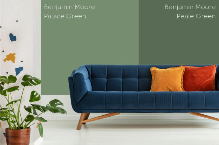 Benjamin Moore Palace Green on half of a living room wall vs peale green on the other half, behind a blue velvet sofa and bright cushions.