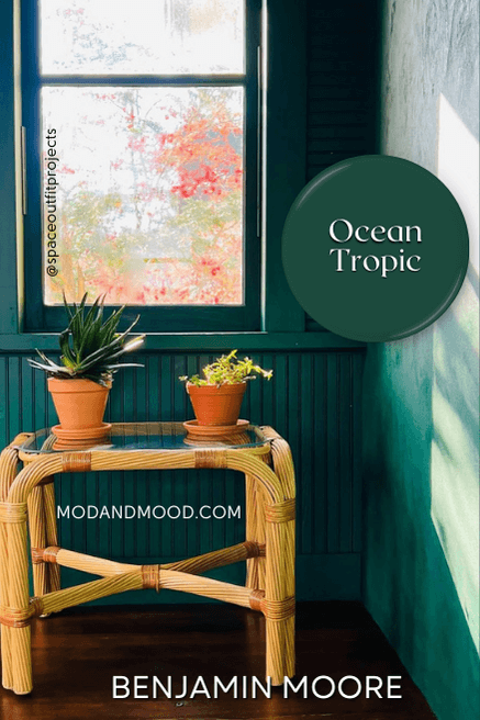 Benjamin Moore Ocean Tropic swatched over the color on walls