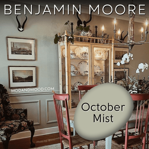 Benjamin Moore October Mist swatched over a photo of the color in a dining room.