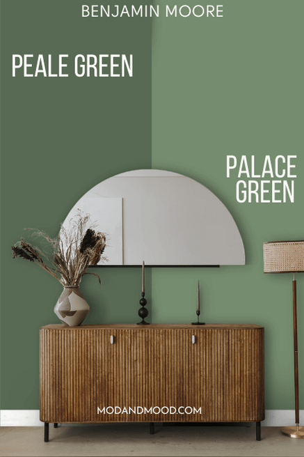 Benjamin Moore Palace Green on half of a living room wall vs peale green on the other half, behind a wood hallway table.