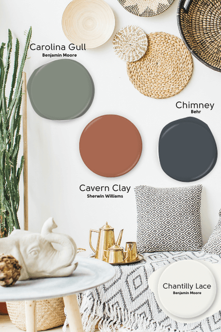 White room with neutral decor with color palette over top that includes Benjamin Moore Carolina Gull, Sherwin Williams Cavern Clay, Behr Chimney, and Benjamin Moore Chantilly Lace.