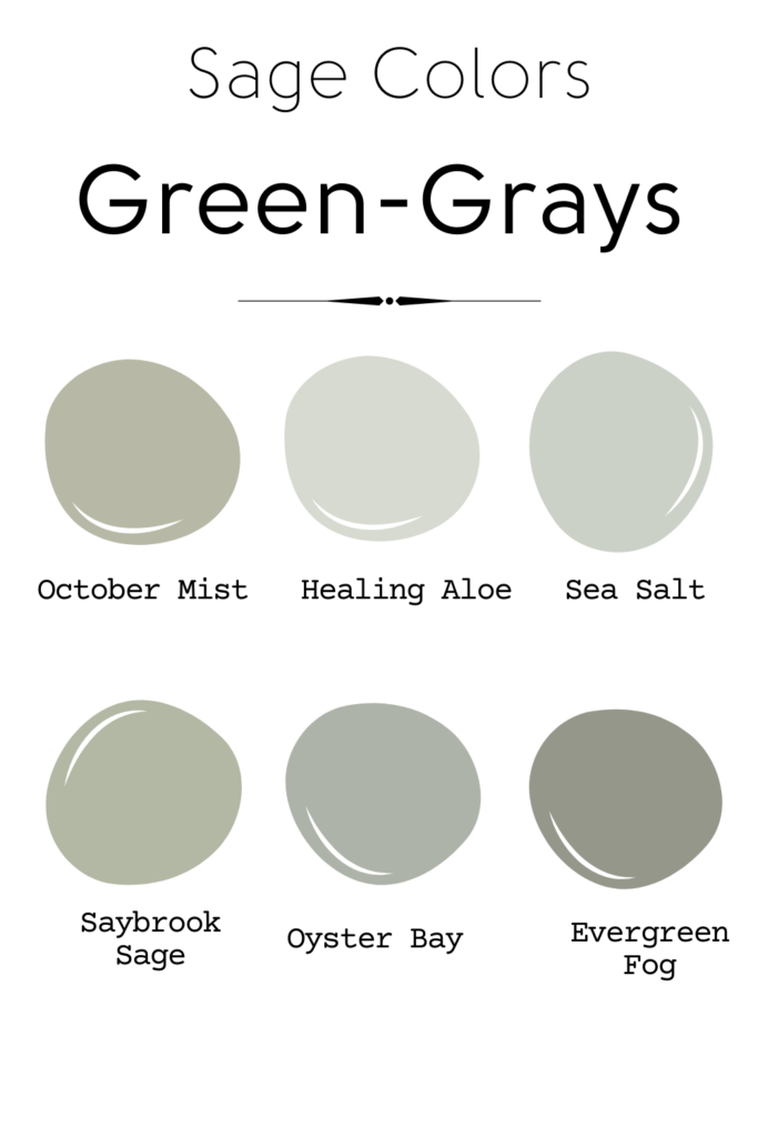 6 Shades of sage colors or green-grays. Top 3 spots are October mist, Healing Aloe, Sea Salt, Saybrook Sage, Oyster Bay, and Evergreen Fog