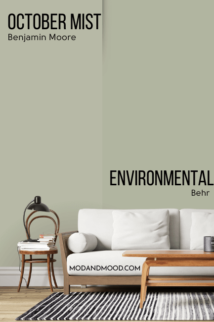 Benjamin Moore October mist on one half of a wall and Behr dupe Environmental on the other half
