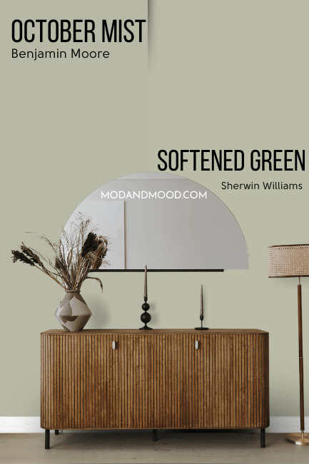 Benjamin Moore October mist on one half of a wall and Sherwin Williams dupes softened green on the other half