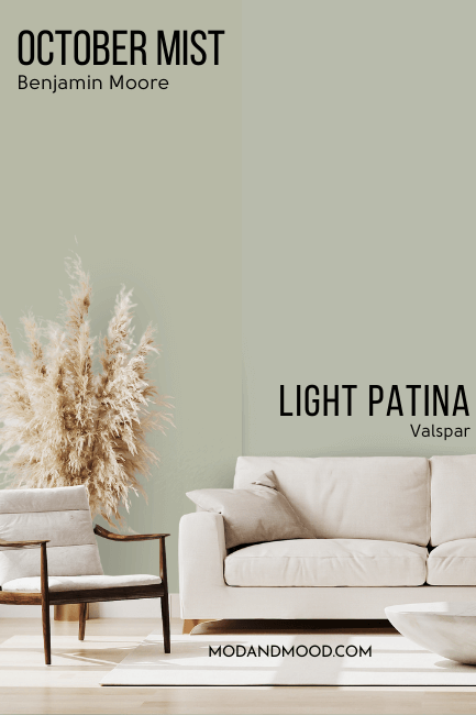 Benjamin Moore October mist on one half of a wall and Valspar dupe Light Patina on the other half