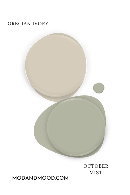 Benjamin Moore October Mist swatched beside coordinating color Sherwin Williams Grecian Ivory.
