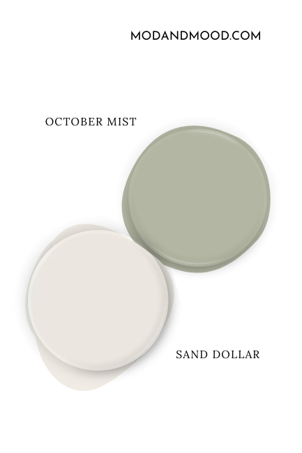 Benjamin Moore October Mist swatched beside coordinating color Benjamin Moore Sand Dollar.