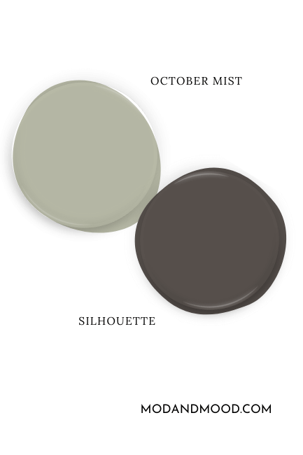 Benjamin Moore October Mist swatched beside coordinating color Benjamin Moore Silhouette.