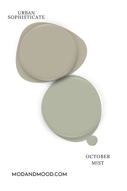 Benjamin Moore October Mist swatched beside coordinating color Benjamin Moore Urban Sophisticate.