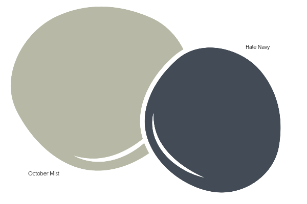 Side by side circles of color: October Mist - a sage green, and Hale Navy a dark Grey-Blue