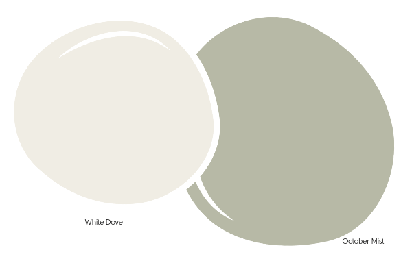 Side by side circles of color: October Mist - a sage green, and white dove, a warm off-white