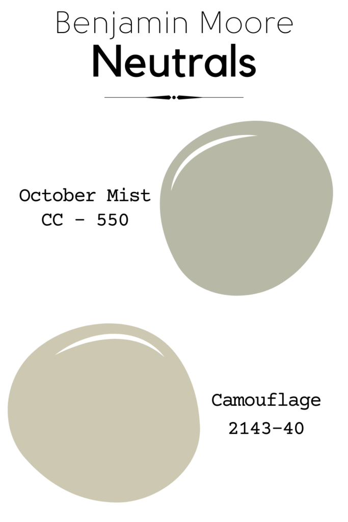 Two color swatches. October Mist vs camouflage, where October mist is a sage green and camouflage is more of a khaki-tan color.