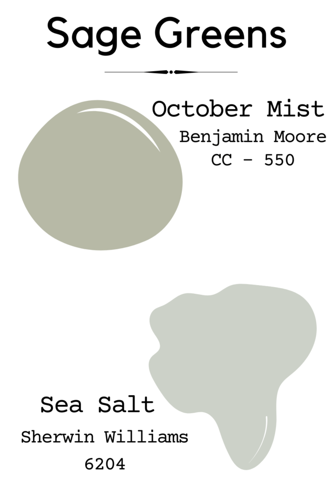 Color swatches of Benjamin moore October Mist vs Sherwin Williams sea salt. Two sage greens, sea salt is slightly lighter and cooler toned than october mist