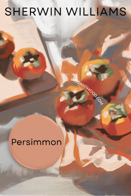 A swatch of the Sherwin Williams color Persimmon, over a background of a painting of Persimmons.