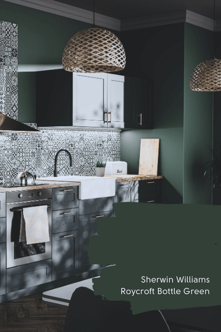 A paint swatch of Roycroft Bottle Green over a kitchen with black cabinets, black and white patterned tile, and dark green walls.
