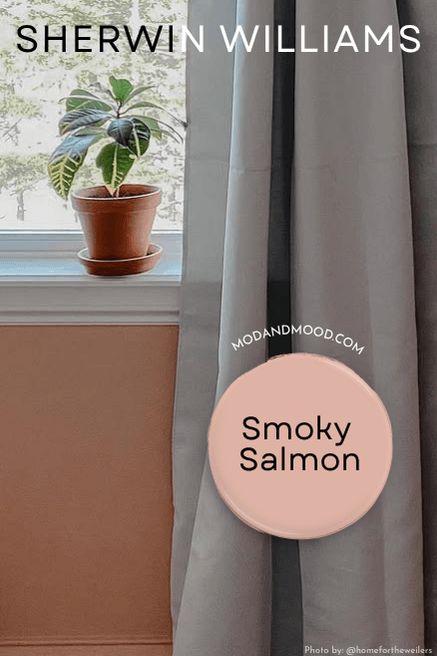 Swatch of Smoky Salmon over a photo of the color on the lower part of a wall and grey curtains on the right side.