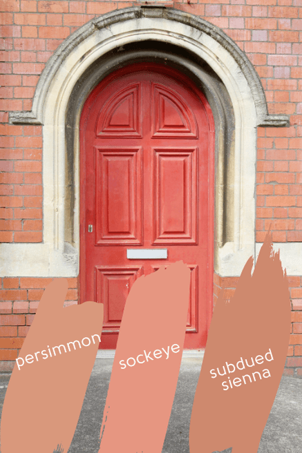 3 swipes of terracotta paint over a brick building with a terracotta door. Colors are labelled persimmon, Sockeye, and Subdued Sienna