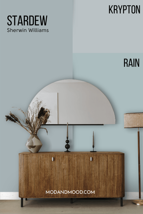 Sherwin Williams Stardew vs Krypton and Rain compared on a wall behind a wood console table and half moon mirror