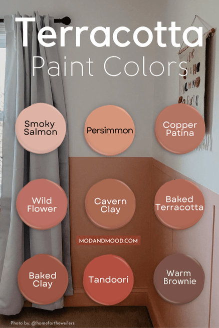 Swatches of all the colors from the article over a background of Sherwin Williams Smoky Salmon on the lower half of a wall.