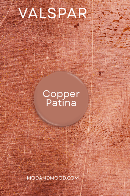A square swatch of Valspar Cotton Patina, over a background of a sheet of copper.