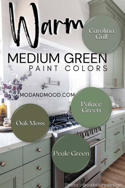 Graphic reads "Warm medium green paint colors" over a kitchen with carolina gull cabinets