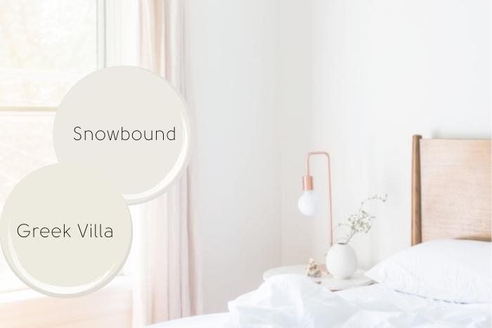 Circle of Snowbound above a circle of Greek Villa over a photo of an all-white bedroom with rose gold lamp