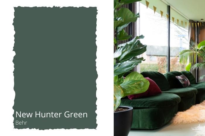 A swatch of new Hunter Green beside a picture of a living room with plants and hunter green velvet furniture.