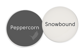 Paint dot of Peppercorn beside a paint dot of Snowbound
