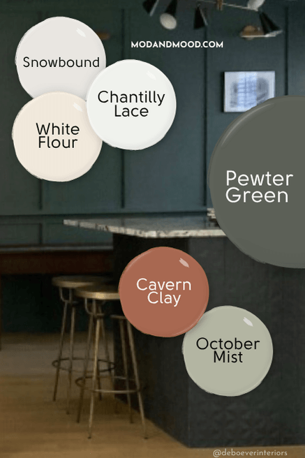 Pewter Green bar and billiards room with swatches over top of Chantilly Lace, Snowbound, White Flour, Cavern Clay, and October Mist