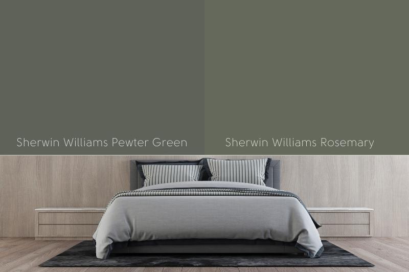 Sherwin Williams Pewter Green on half of a wall behind a grey wooden bed and wall built-in with grey bedding and wooden side tables. Sherwin Williams Rosemary is on the other half.