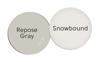 Paint dot of Repose Gray beside a paint dot of Snowbound