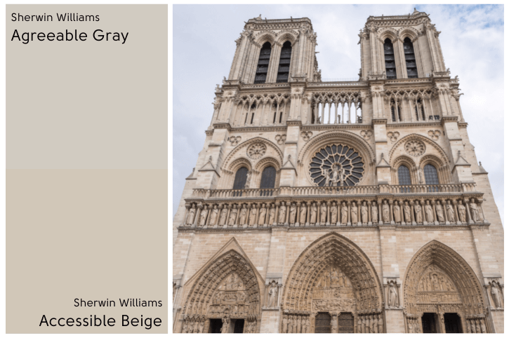 Agreeable gray vs accessible beige both swatched beside a picture of Notre Dame