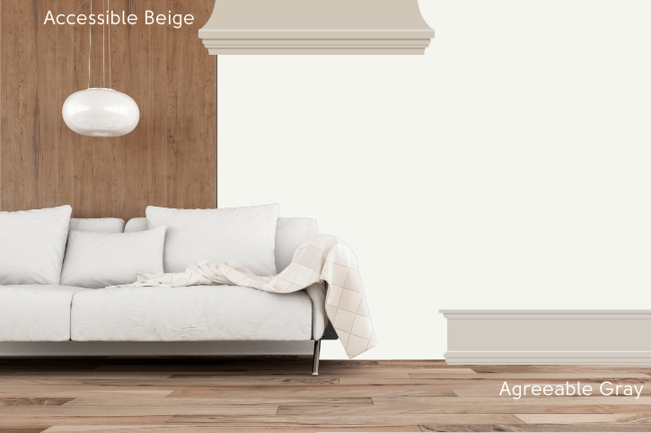 Accessible Beige vs Agreeable Gray compared as trim colors on a white wall.