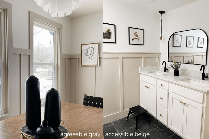 Agreeable gray in a dining room vs accessible beige in a bathroom