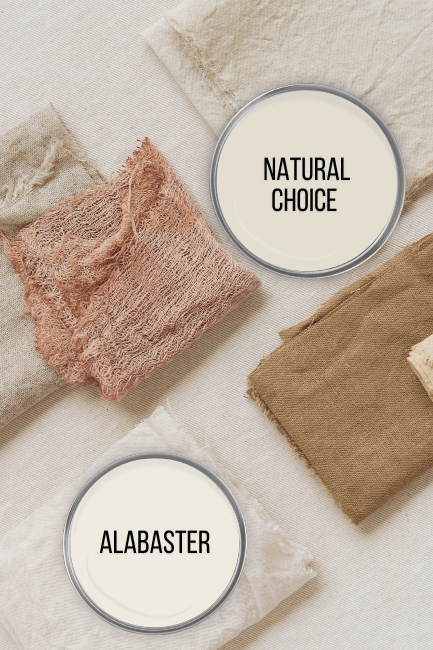 Natural Choice and Alabaster both on paint lids over fabric samples in natural soft colors.