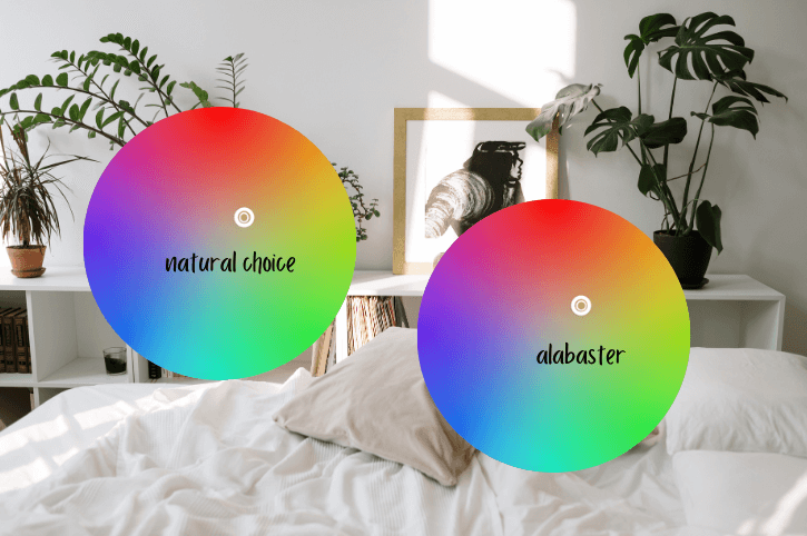 Natural Choice and Alabaster color wheels over a bedroom with neutral decor.