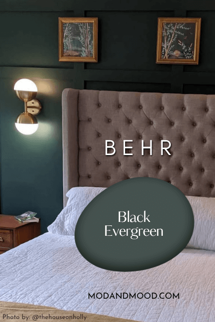 Swatch of Behr Black Evergreen over a photo of that color in a bedroom.