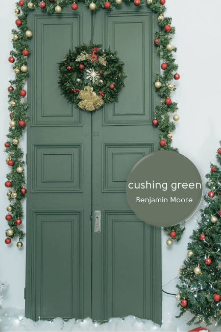 Benjamin Moore cushing green over a background of a bright white modern living room with natural wood furniture and green accents.