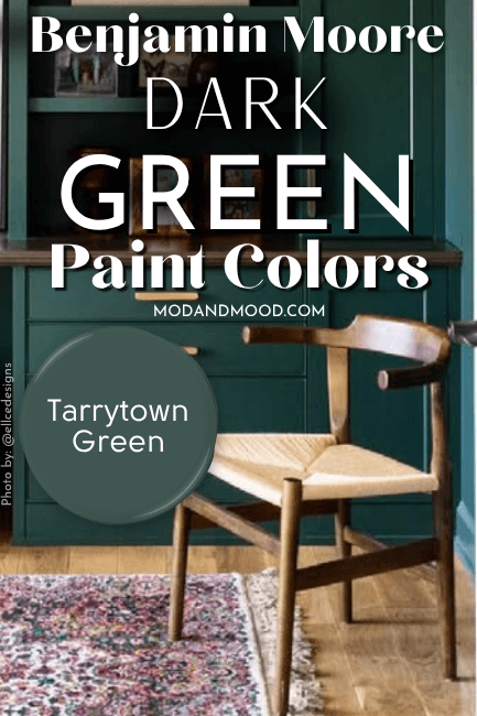A swatch of Benjamin Moore Tarrytown Green over a background of that same color on built ins.