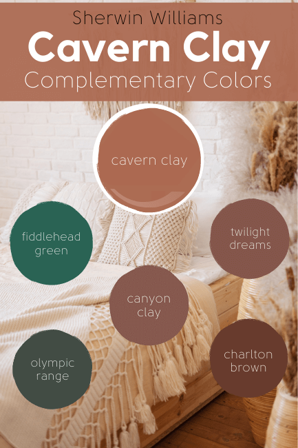 Cavern Clay complementary palette including two greens and three similar clay shades.