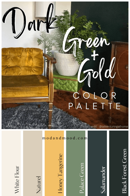 A Dark green and gold color palette with shades ranging from cream to black, under a picture of a deep green living room with a gold velvet chair.