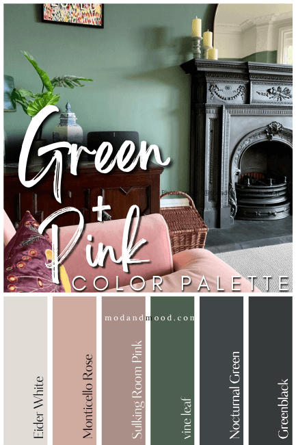 A picture of a green living room with a cast iron fireplace and a pink couch over coordinating color samples. 